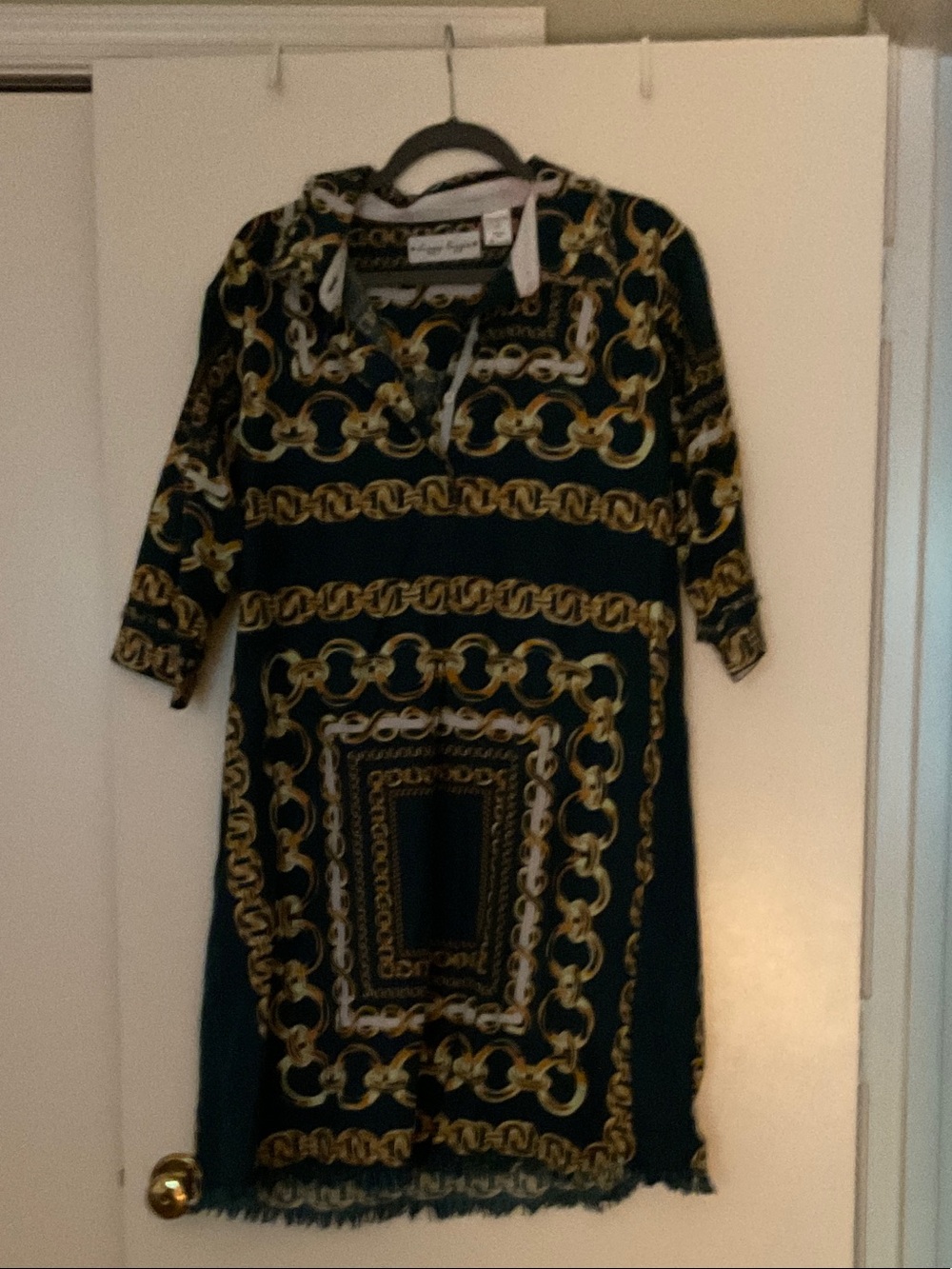 Chain-Print Dark Green Long Sleeve Shift Dress by Gianni Bini